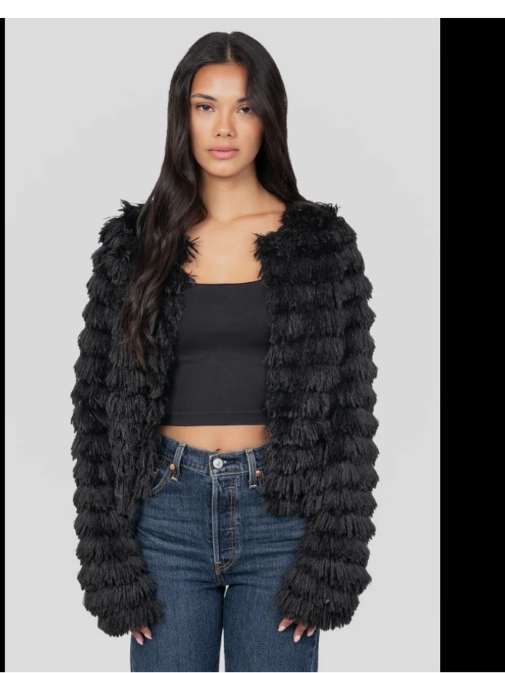 Black Textured Fringe Shag Jacket - Women